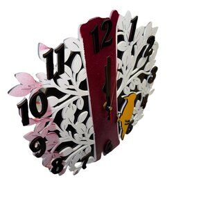 Decorative Wall Clock with Floral Design, 12-Inch Round Face, Burgundy and White